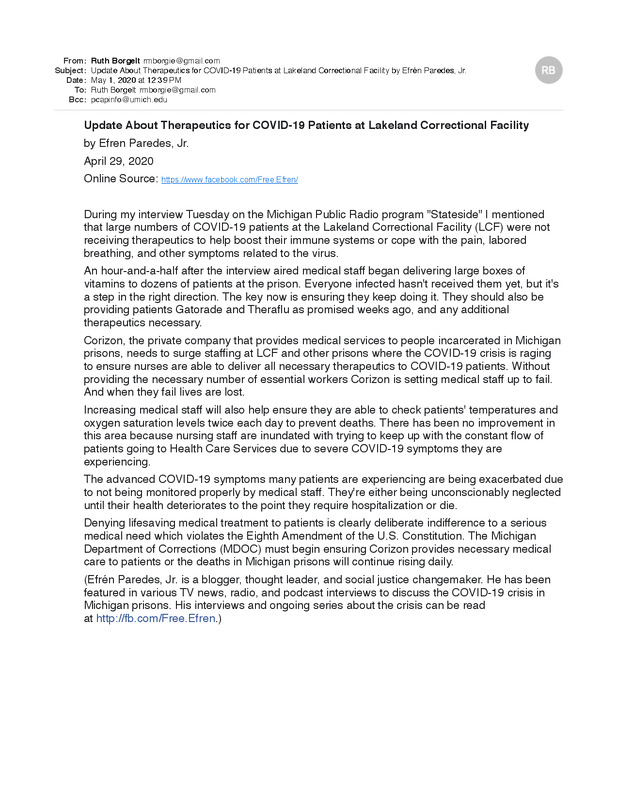Update About Therapeutics for COVID-19 Patients at Lakeland Correctional Facility