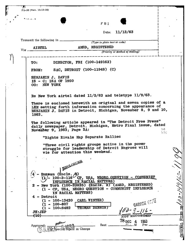Surveillance of Benjamin J. Davis Jr. in Detroit (November 1963)