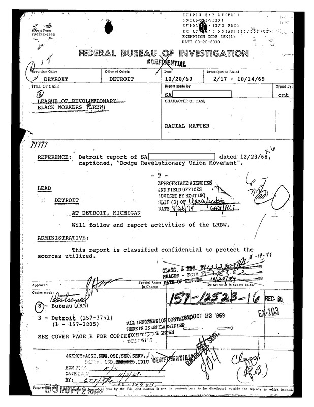 COINTELPRO File on the League of Revolutionary Black Workers & Detroit Union Movements #2