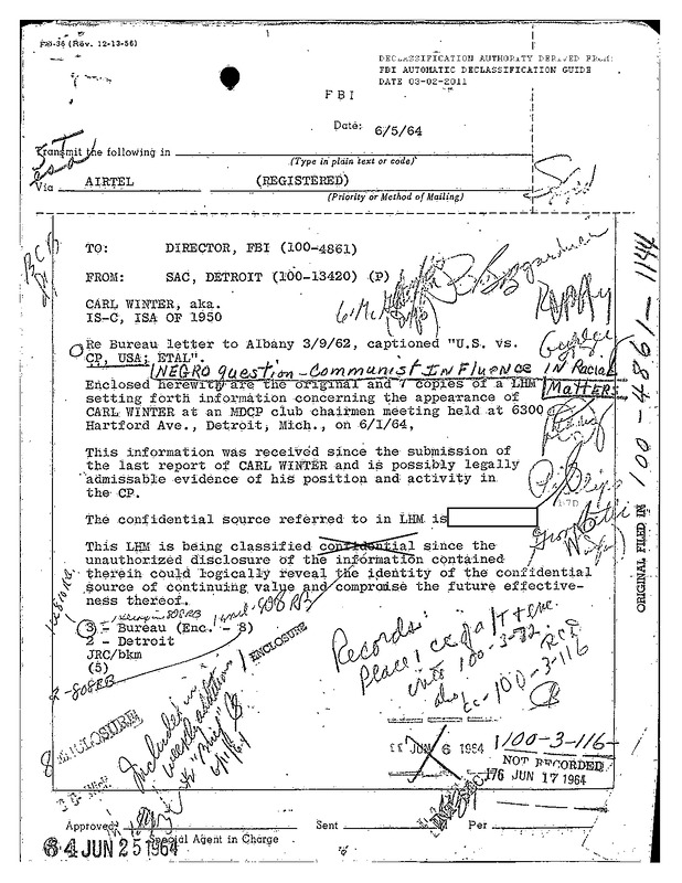 Surveillance of Carl Winter’s Remarks at Detroit CPUSA Meeting (June 1964)