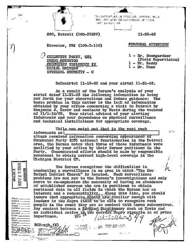 FBI Headquarters Directs Increased Surveillance of Civil Rights and Communist Leaders