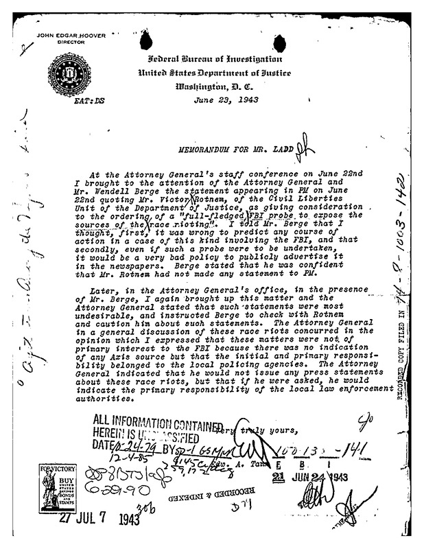 Memo on Potential FBI Probe into Race Riots