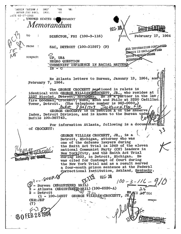 Surveillance Profile of George W. Crockett