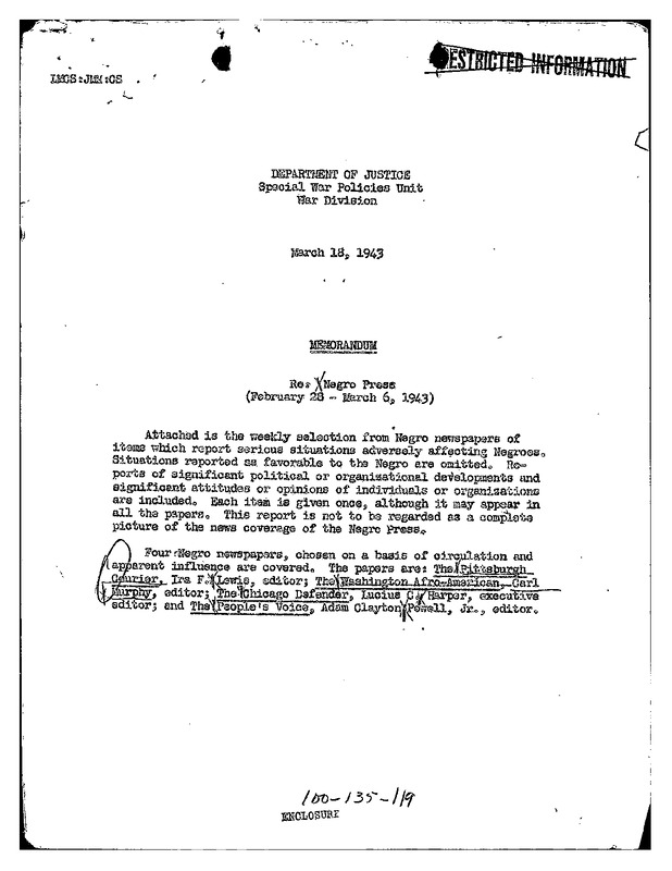 Negro Press Memo (Week of February 28th, 1943)