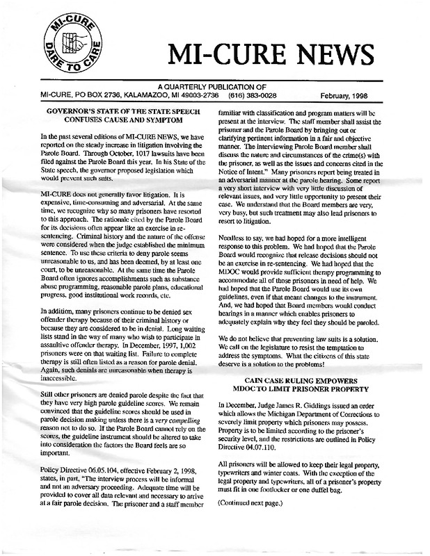 MI-CURE News (February 1998)