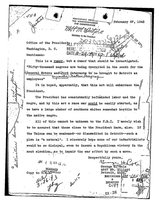 Letter Regarding Rumored Black Migration to Detroit