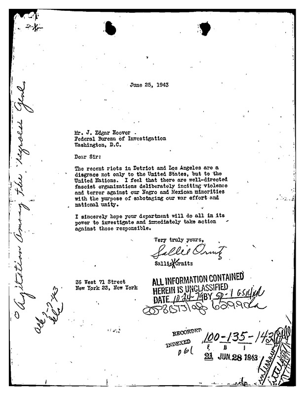 Citizen Letter to Hoover Regarding Fascist Influence in Race Riots