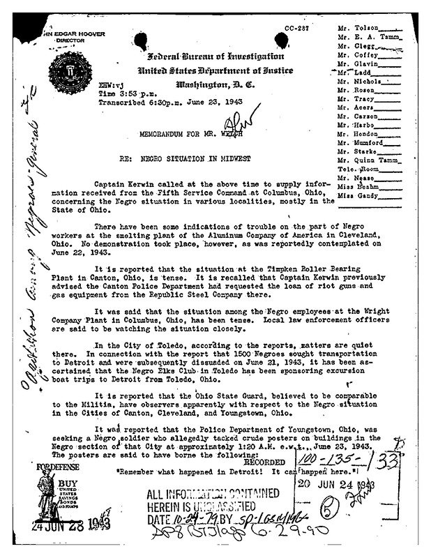 Memo on Black Unrest in the Midwest #1