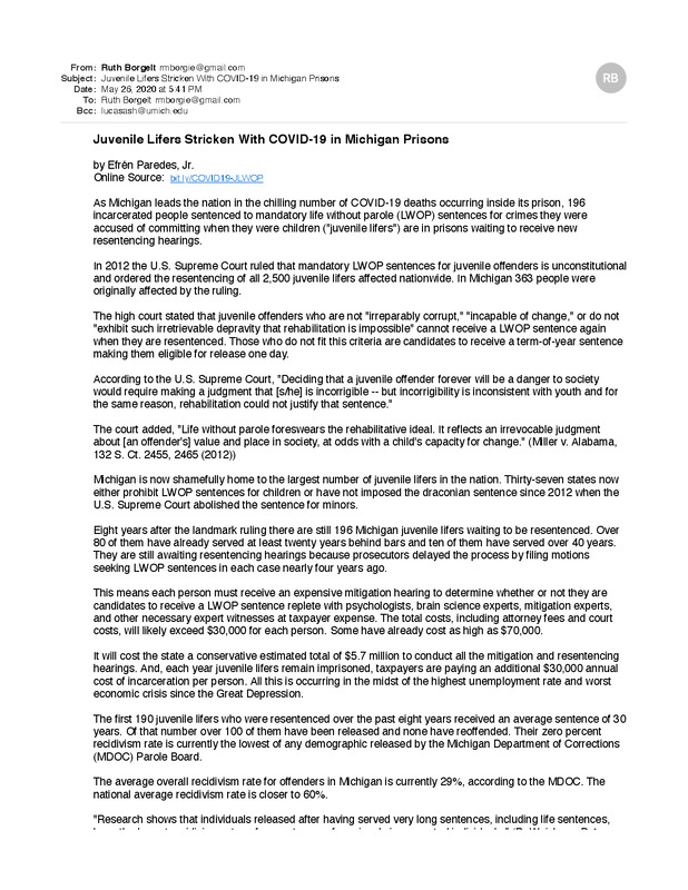 Juvenile Lifers Stricken With COVID-19 in Michigan Prisons
