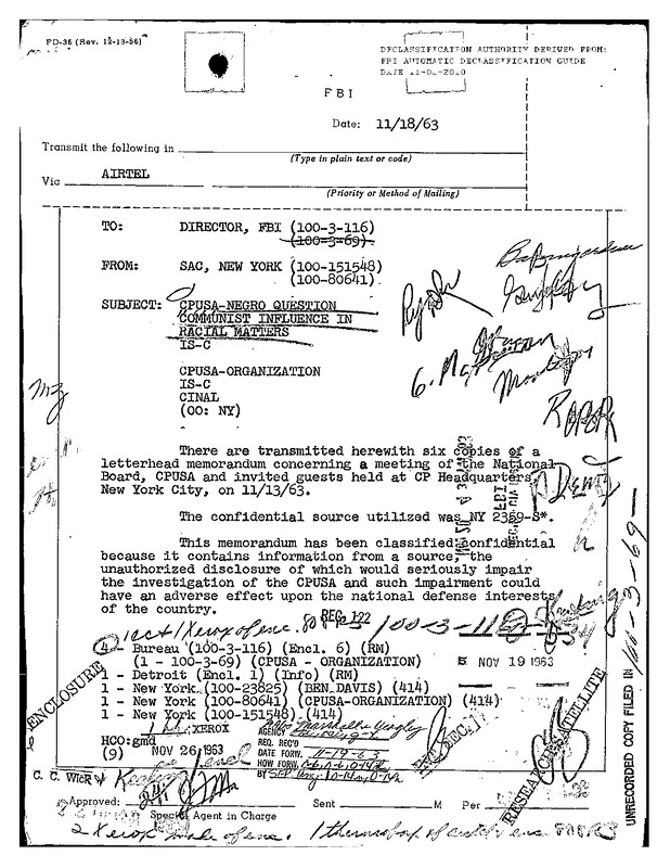 Surveillance of CPUSA National Board Meeting: Detroit Organizing and Alliances with Civil Rights Leaders