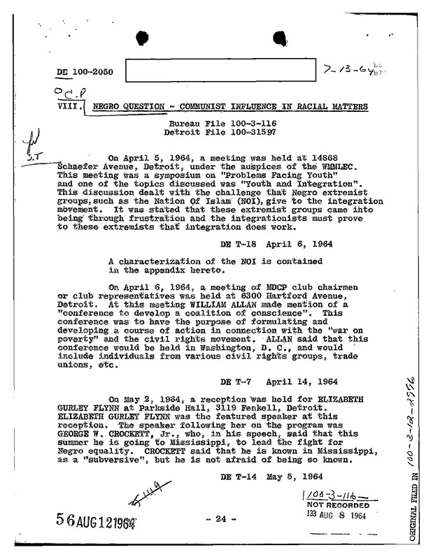 Spring 1964 Surveillance of Detroit Activist Group Meetings