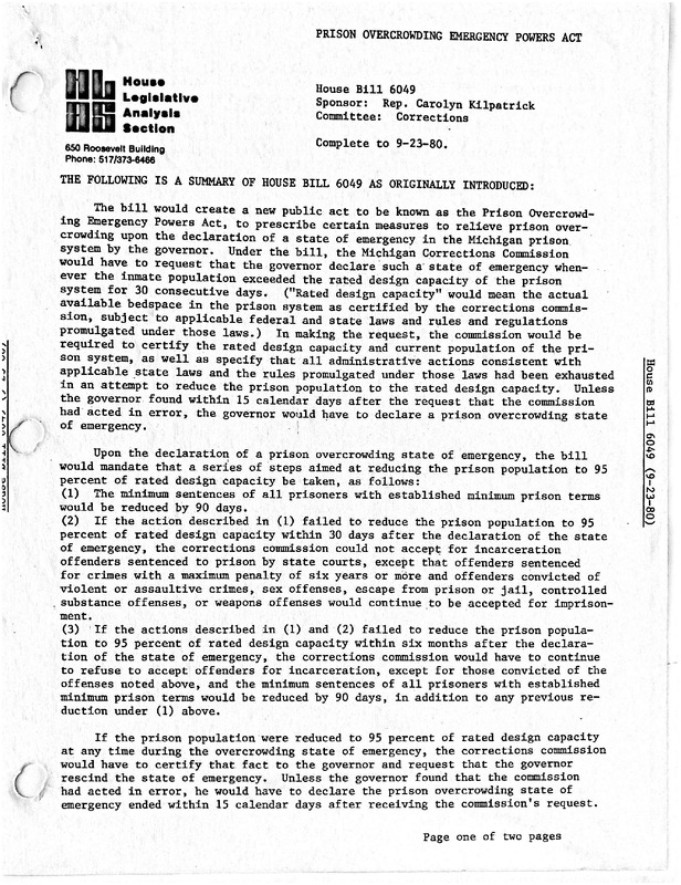 HB 6049 Analysis-Prison Emergency Overcrowding Act (1980)