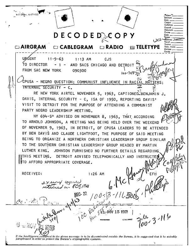 Surveillance of Communist Party Negro Leadership's Proposal for a Northern Christrain Leadership Group (1)