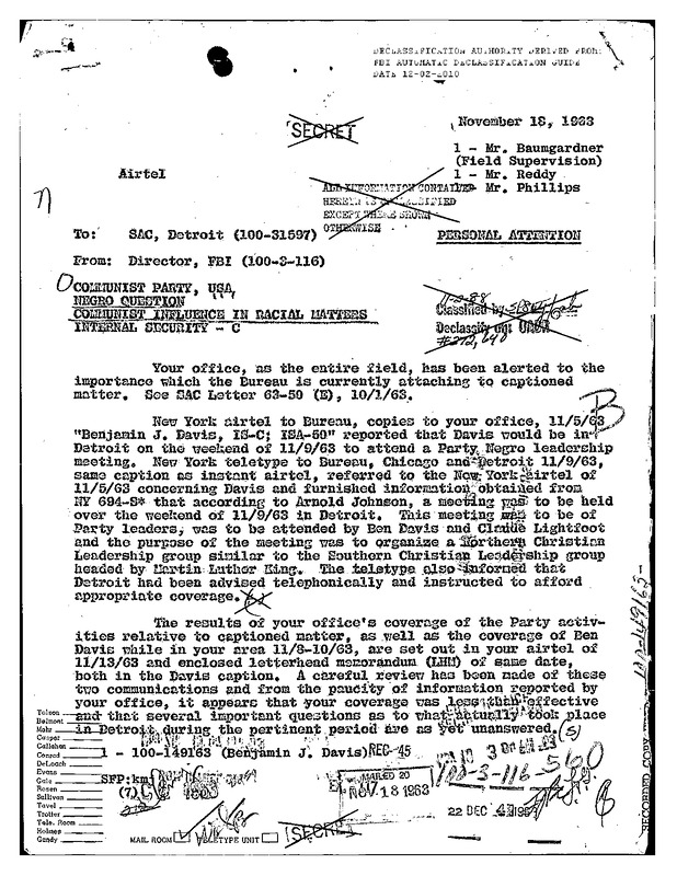 FBI Headquarters Criticizes Detroit Office’s Surveillance Failures on Benjamin J. Davis