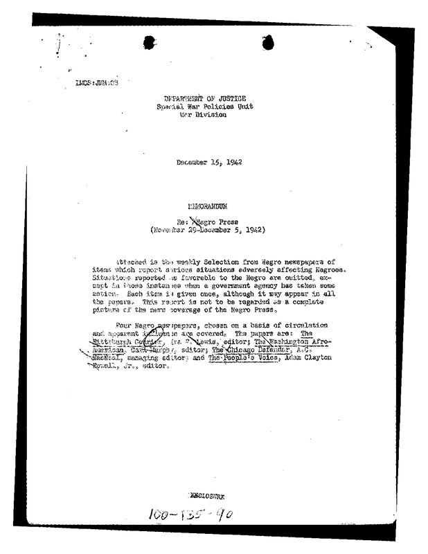 Negro Press Memo (Week of November 29th, 1942)
