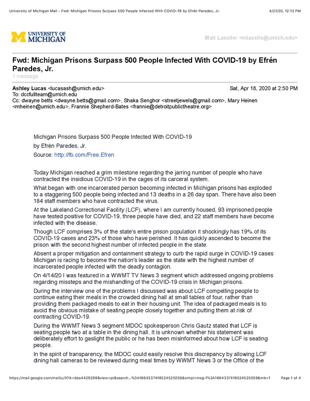 Michigan Prisons Surpass 500 People Infected With COVID-19