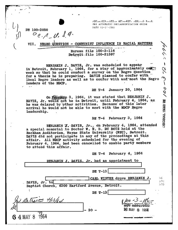 Ongoing Surveillance of Benjamin J. Davis and Communist Party Activities (January – March 1964)