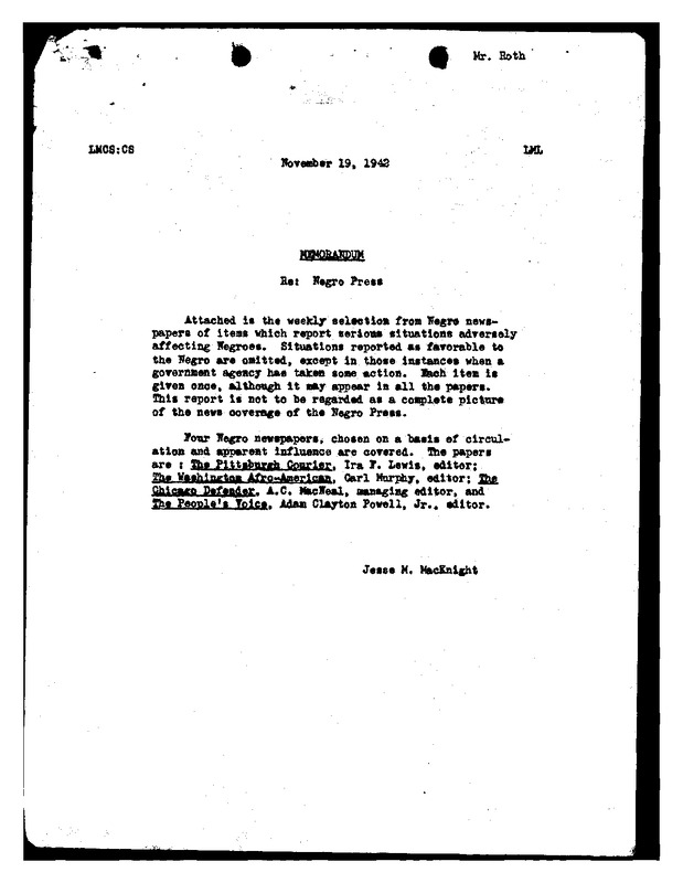 Negro Press Memo (Week of November 8th, 1942)