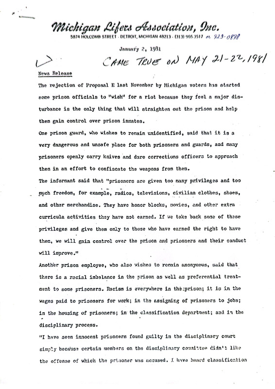 Lifers Association-News Release (Jan. 1981)