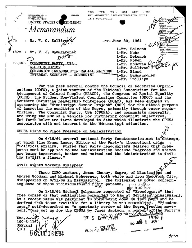 FBI Report on CPUSA Involvement and Surveillance During Freedom Summer