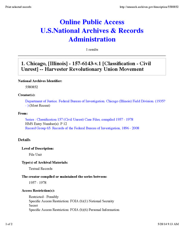 Harvester Revolutionary Union Movement National Archives Index