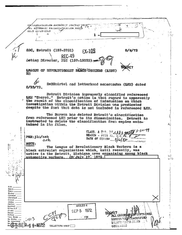 COINTELPRO File on the Reorganization of the League of Revolutionary Black Workers