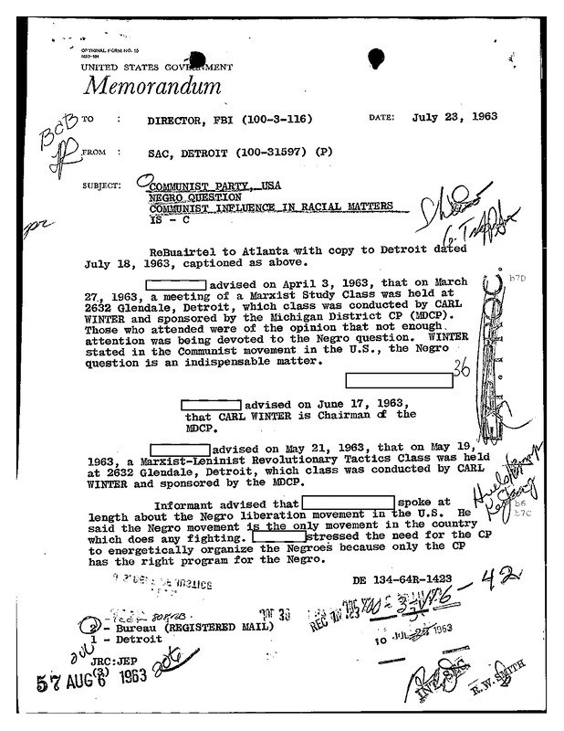 Surveillance of Carl Winter, Claude Lightfoot, and Communist Activities in Detroit (June–July 1963)