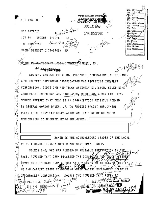COINTELPRO File on the League of Revolutionary Black Workers & Detroit Union Movements #1