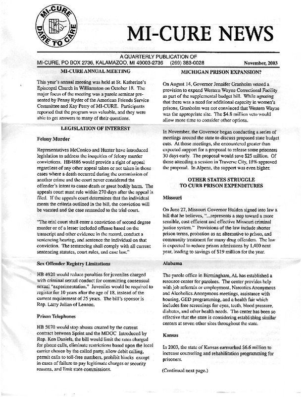 MI-CURE News (November 2003)